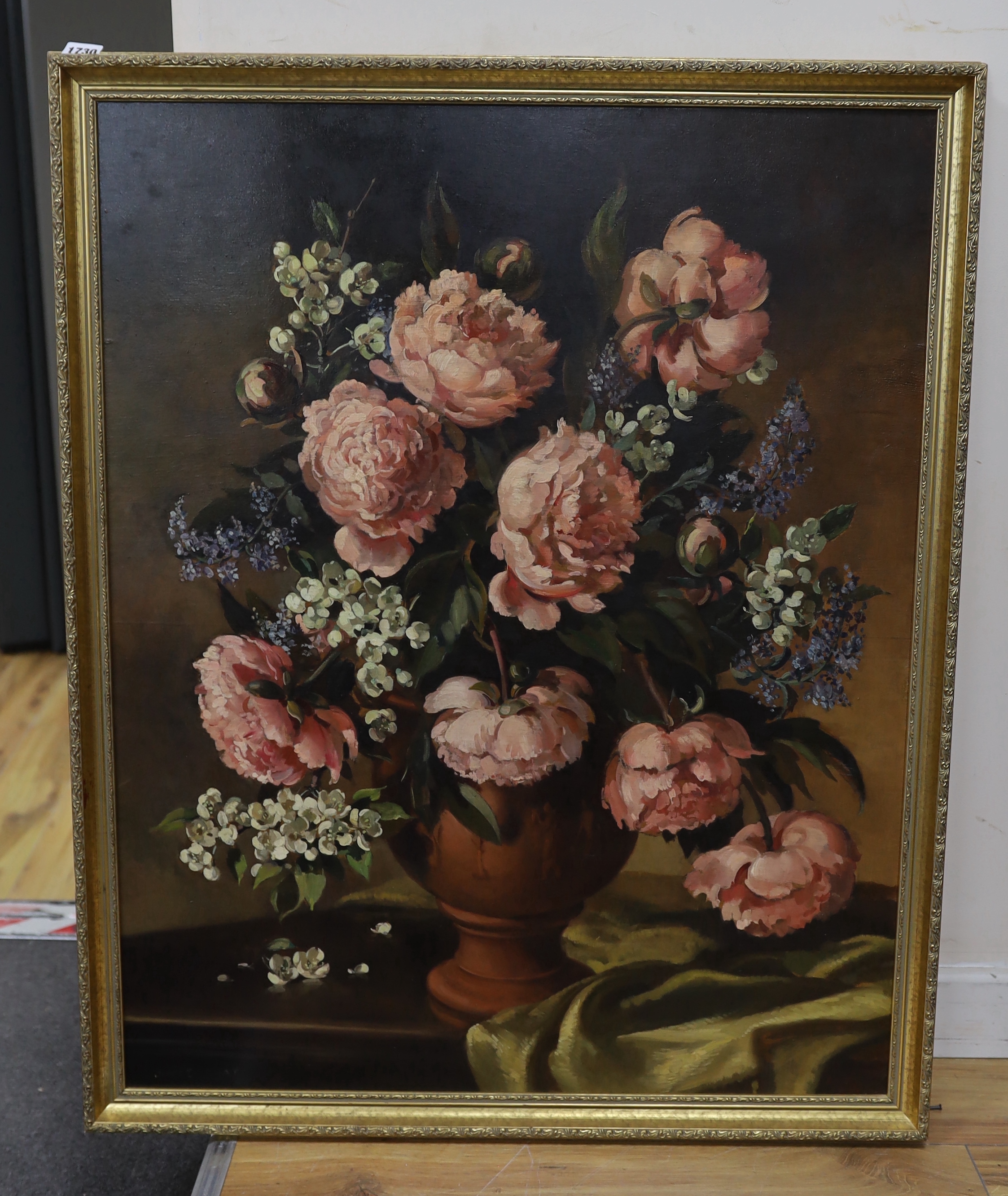 Joyce Byatt, oil on board, Still life of peonies and other flowers in a vase, signed, 88 x 71cm